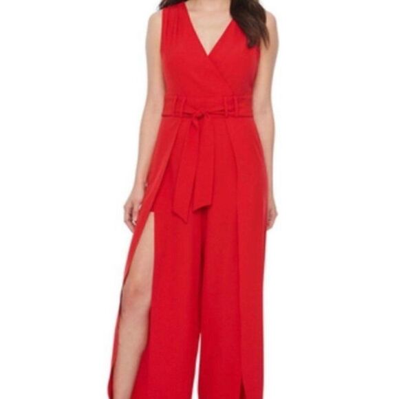 Emma & Michele Sleeveless Red Belted Jumpsuit Size 10 - Picture 1 of 12